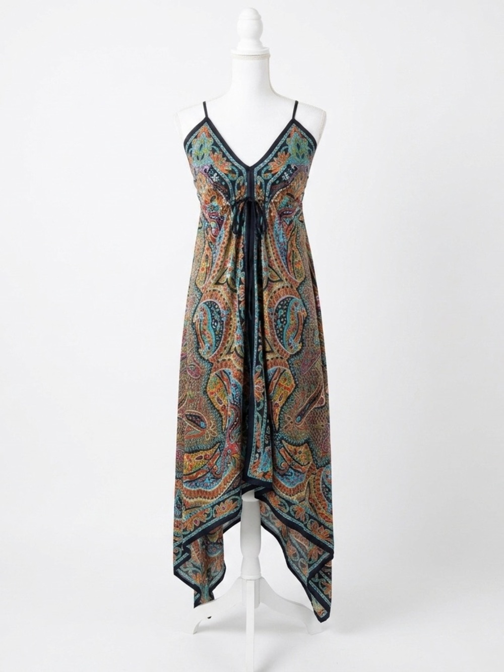 Vintage Wet Seal 100% Silk Paisley Scarf Print Handkerchief Hem Dress XS Y2K